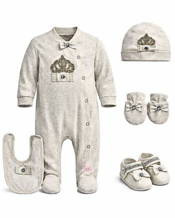 Σετ λευκό με κορώνα φιόγκο και στρας για νεογέννητο πέντε κομμάτια σε συσκευασία δώρου