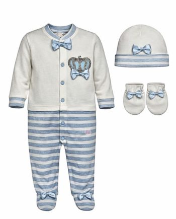 Φορμάκι με κορώνα λευκό και γαλάζιο βαμβακερό με ασορτί σκουφί και γαντάκια