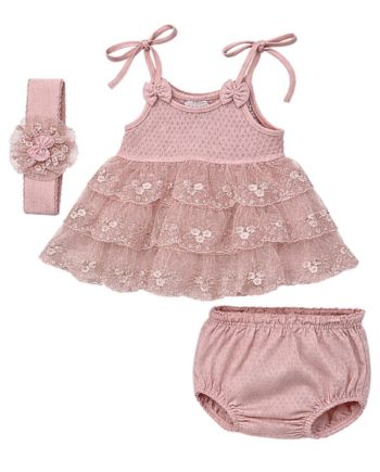 Βρεφικό ροζ δαντελένιο με βρακάκι και κορδέλα