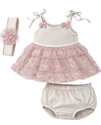 Βρεφικό ροζ λευκό δαντελένιο με βρακάκι και κορδέλα