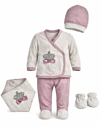 Σετ νεογέννητου με στέμμα λευκό ροζ πέντε κομμάτια για κορίτσι